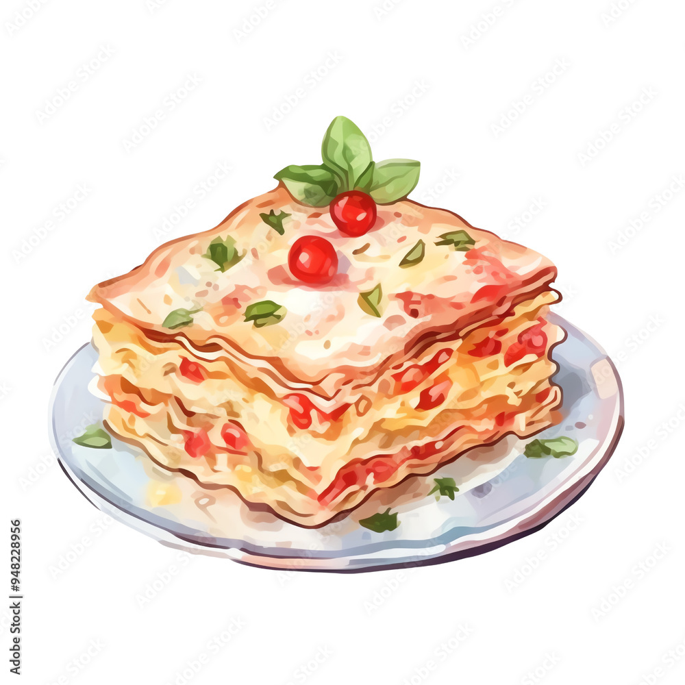 Delicious Italian lasagna with layers of pasta, cheese, and sauce, garnished with basil and cherry tomatoes on a white plate. Delicious Italian lasagna with layers of pasta, cheese, and sauce, garnished with basil and cherry tomatoes on a white plate.