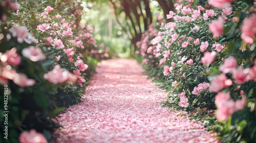 A soft pink garden path with pink flowers on each side, perfectly matching the walkway color