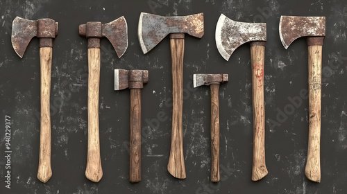 Rusty Vintage Axes Collection Wood Handle Tools Set