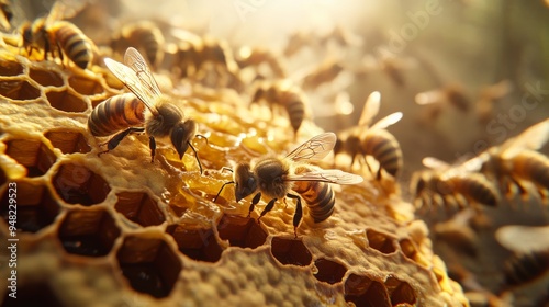 Close-up of a honeycomb filled with beeswax and honeybees.