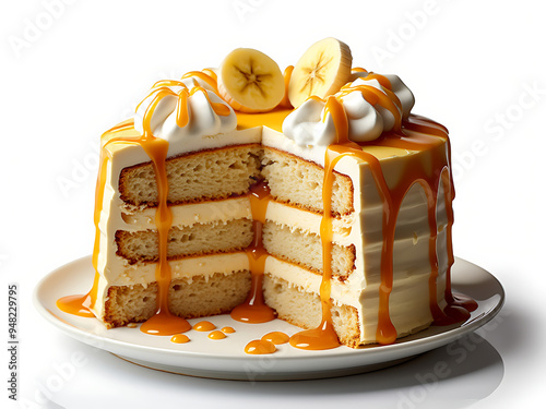 A decadent banana cake with layers of moist cake, creamy frosting, and luscious caramel drizzle. Topped with whipped cream and fresh banana slices. Isolated on a white background, perfect for bakery m photo