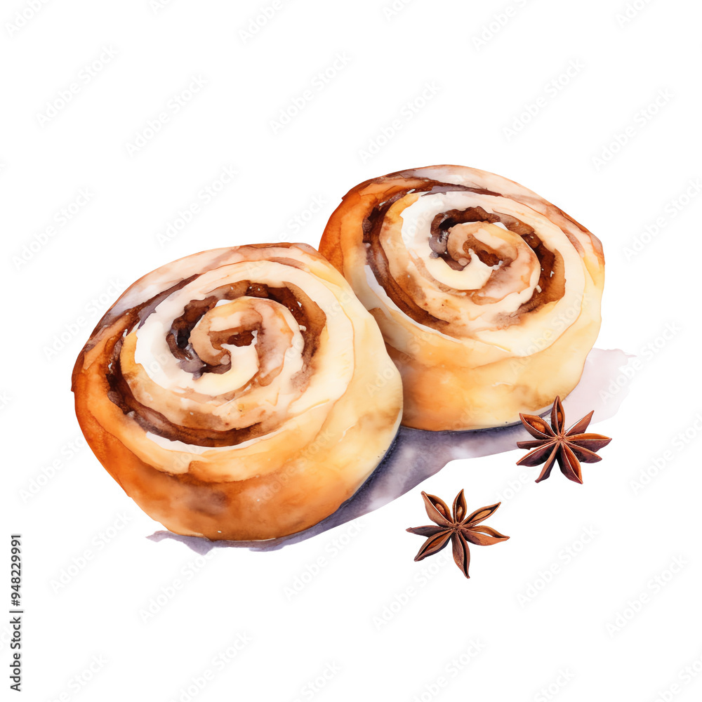 Fototapeta premium Illustration of two delicious cinnamon rolls with star anise spices on the side, perfect for baking and pastry designs.