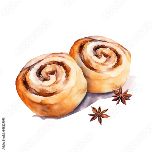 Illustration of two delicious cinnamon rolls with star anise spices on the side, perfect for baking and pastry designs.
