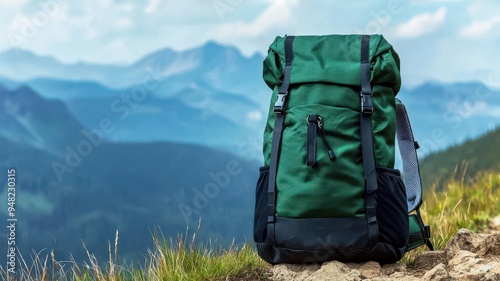 Customizable backpack on a mountain trail, outdoor adventure gear branding photo