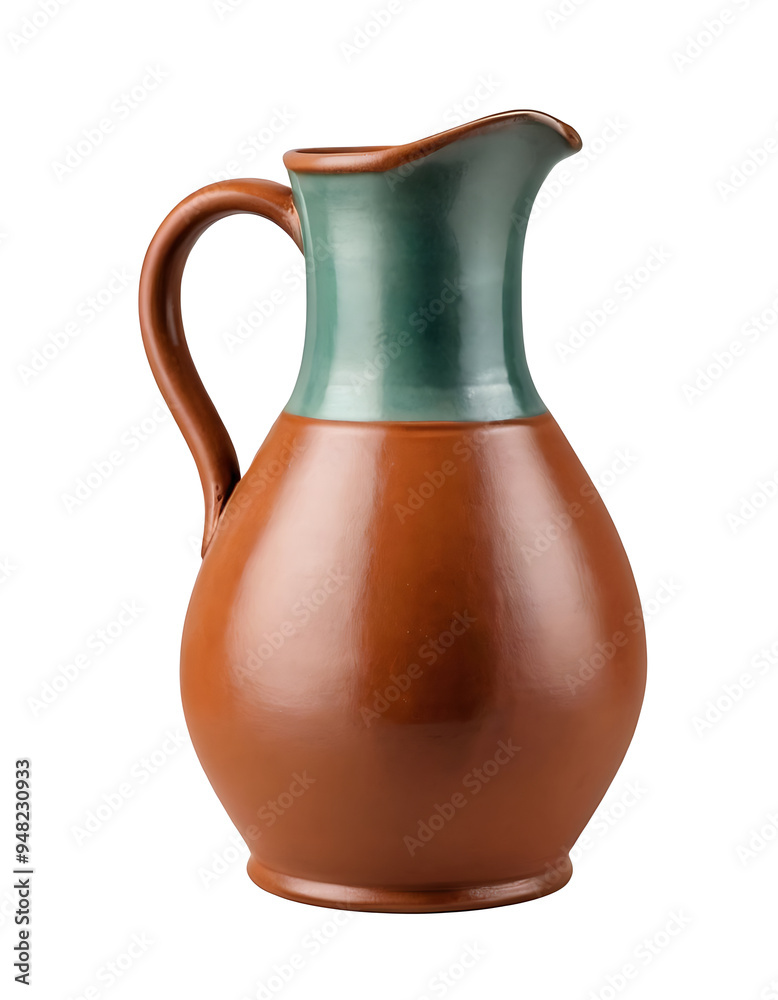 A rustic, terracotta jug with a glazed green rim and handle. Isolated on a white background, this image is suitable for showcasing traditional pottery, kitchenware, or rustic home decor. A rustic, terracotta jug with a glazed green rim and handle. Isolated on a white background, this image is suitable for showcasing traditional pottery, kitchenware, or rustic home decor.