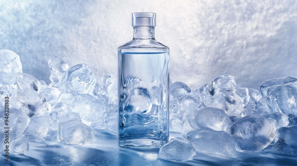 Symbolizing scarcity of water, an empty water bottle stands between towering icebergs Symbolizing scarcity of water, an empty water bottle stands between towering icebergs