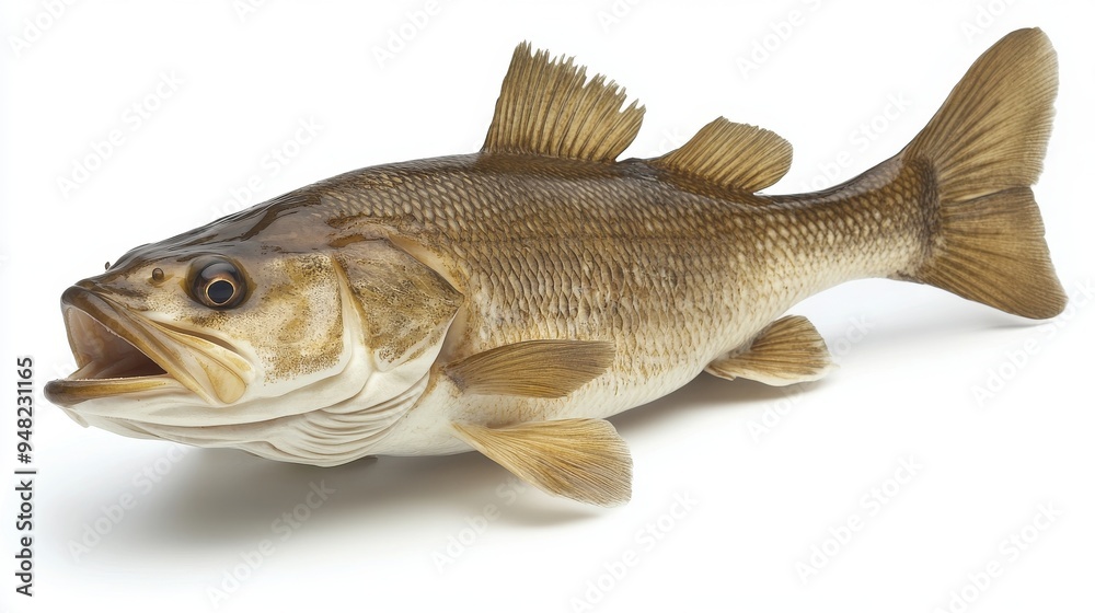 An underwater cod swimming in a light river contrasts harmoniously with its yellow-brown coloration