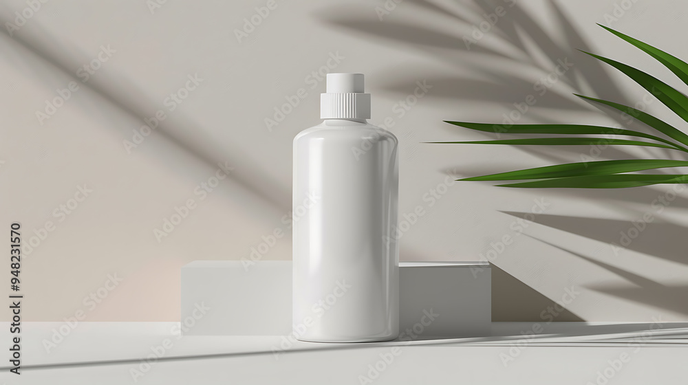 White bottle with a spray nozzle sits on a platform, a green leaf casts a shadow behind it, creating a minimal and elegant aesthetic. White bottle with a spray nozzle sits on a platform, a green leaf casts a shadow behind it, creating a minimal and elegant aesthetic.