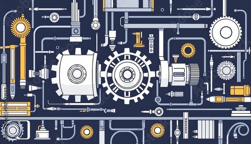 a close up of a machine with gears and pipes on a blue background.