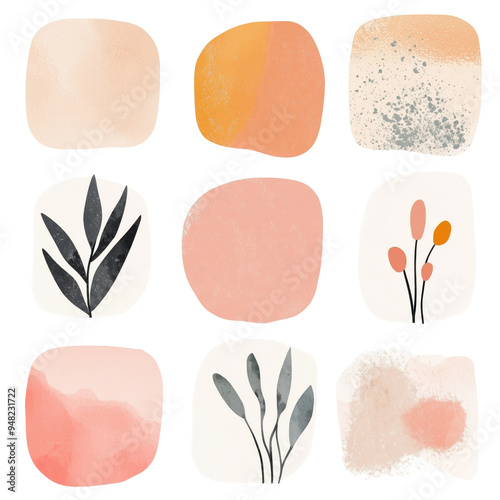Set of abstract doodle organic shapes and textures for design layouts cut and isolated on transparent PNG background. Pastel gradients blobs and dies, plants, text underlays