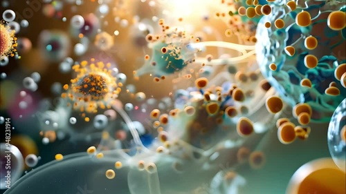 Colorful abstract depiction of cellular structures and molecular interactions illuminated by light, creating a sense of depth and dynamic movement