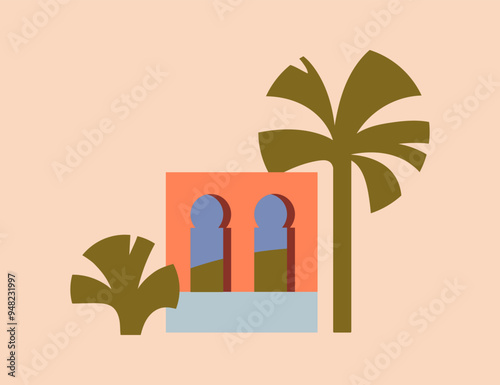 Morocco architecture card. Moroccan Berber culture. Marrakech and Medina style postcard. Traditional Arab historic arc windows, buildings, tropical palm trees. Maroc flat vector illustration