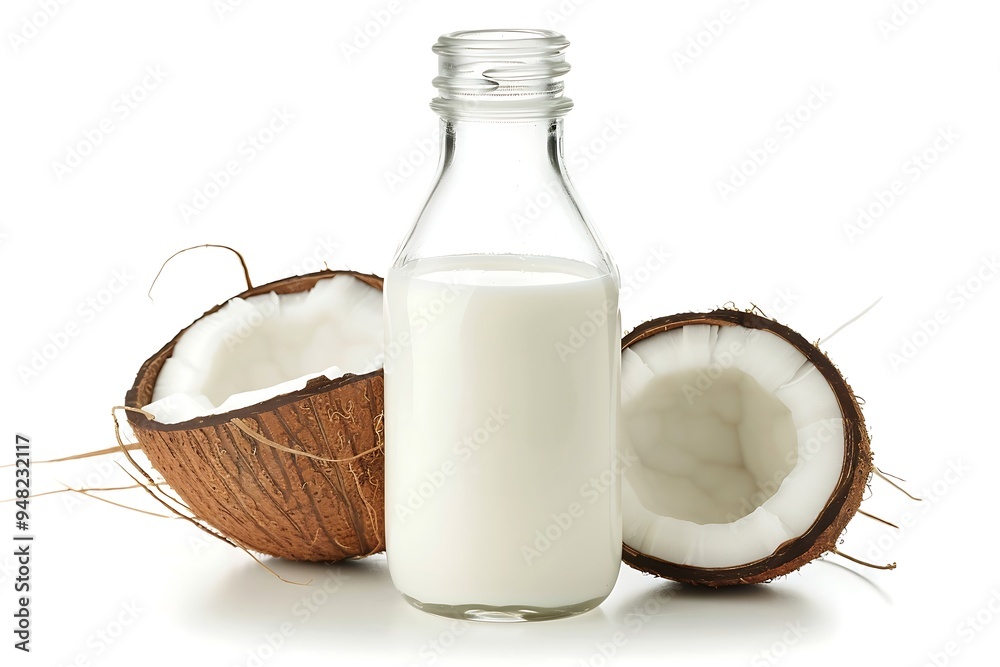 Coconut milk in a bottle and fresh coconut on white background Coconut milk in a bottle and fresh coconut on white background