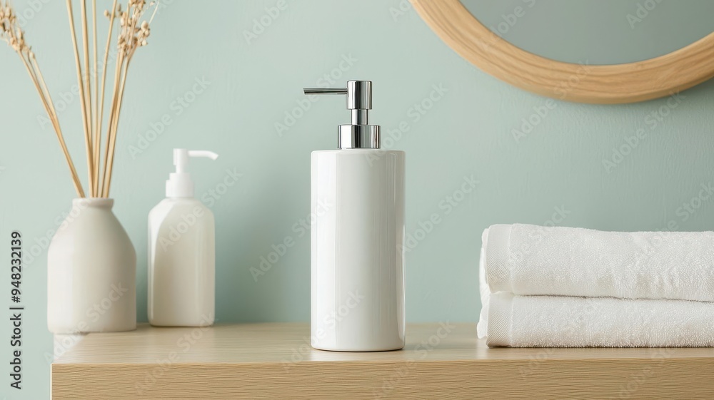 Customizable soap dispenser on a bathroom counter, home and wellness branding