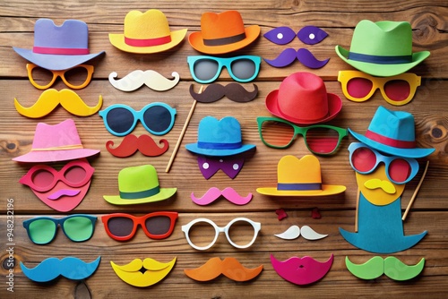 Vibrant colorful paper cutout facial features and accessories, including hats, sunglasses, and mustaches, arranged on a wooden table for creative craft projects. photo