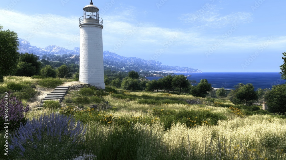 A Nordic lighthouse stands majestically on a mountain, offering breathtaking views of the blue sea and sky. Lush greenery envelops the surroundings, illuminating the scene A Nordic lighthouse stands majestically on a mountain, offering breathtaking views of the blue sea and sky. Lush greenery envelops the surroundings, illuminating the scene