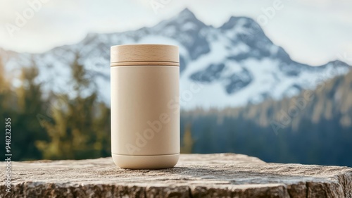 Customizable travel mug on a mountain top, adventure and eco-friendly branding photo