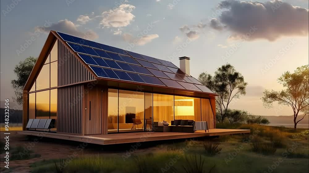 A modern eco-friendly house with solar panels surrounded by nature at sunset, showcasing sustainable architecture and serene outdoor living A modern eco-friendly house with solar panels surrounded by nature at sunset, showcasing sustainable architecture and serene outdoor living