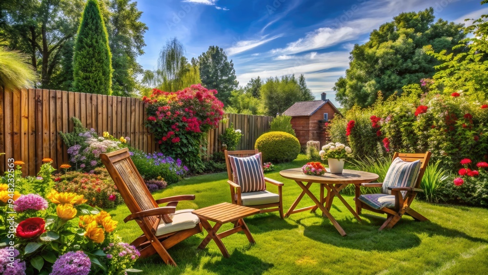 Sunny afternoon in a lush green backyard with a wooden fence, outdoor furniture, and vibrant flowers, perfect for relaxation and summertime entertainment. Sunny afternoon in a lush green backyard with a wooden fence, outdoor furniture, and vibrant flowers, perfect for relaxation and summertime entertainment.