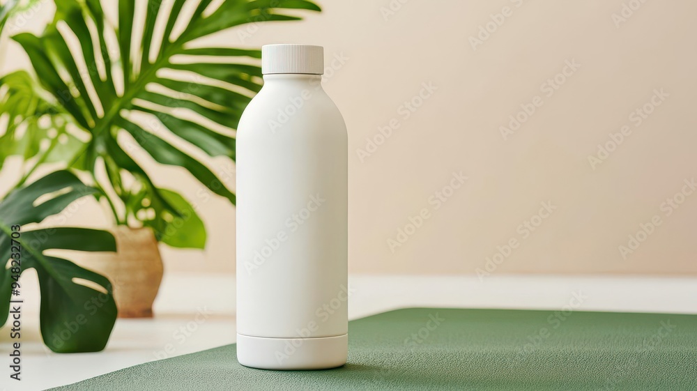 Customizable water bottle on a yoga mat, health and wellness product mockup Customizable water bottle on a yoga mat, health and wellness product mockup