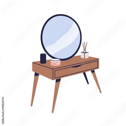 Vanity desk with round mirror. Stylish wooden furniture for cosmetic and makeup, dressing table in modern retro style. Grooming dresser. Flat vector illustration isolated on white background