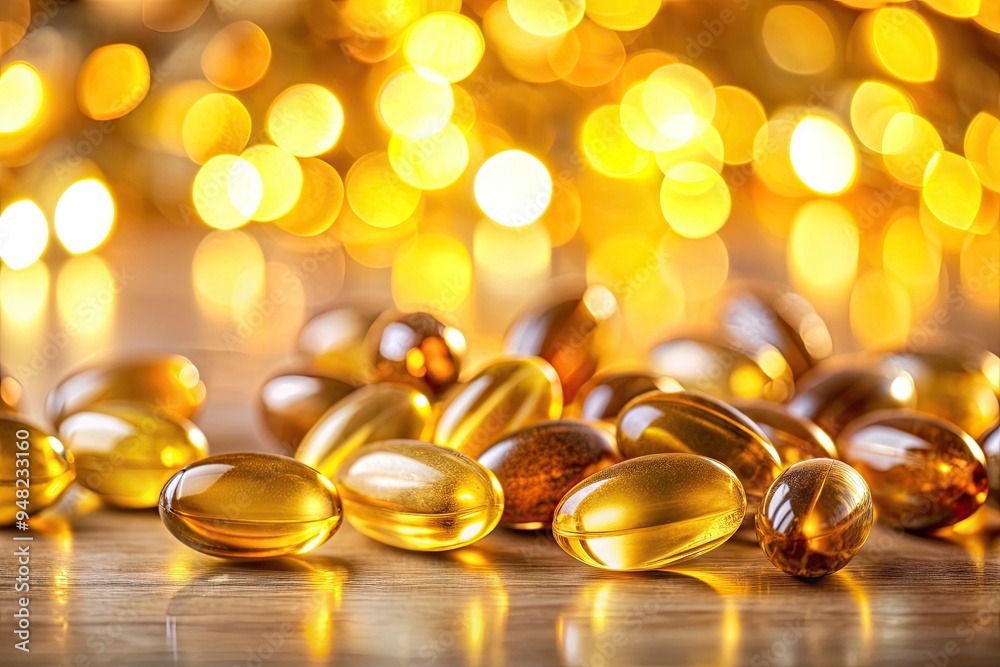 Vibrant golden fish oil capsules shine brightly against a soft, blurred background with a stunning bokeh light effect, evoking a sense of wellness and nutrition. Vibrant golden fish oil capsules shine brightly against a soft, blurred background with a stunning bokeh light effect, evoking a sense of wellness and nutrition.