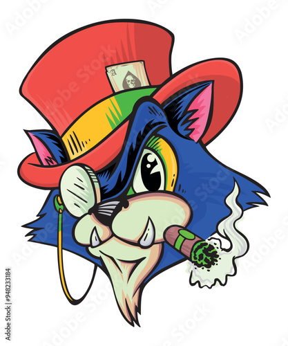 Illustration of cat with top hat and cigar. Old cartoon style art.