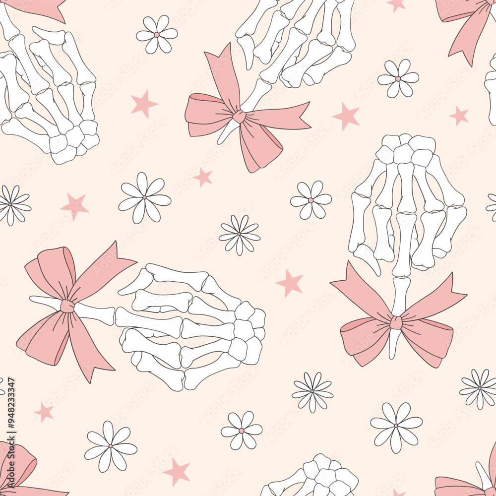 Skeleton hand with bow vector seamless pattern. Coquette Halloween background.