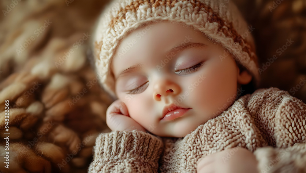 A peaceful baby sleeps soundly, wrapped in cozy knitwear, surrounded by soft textures in a serene and comforting environment.