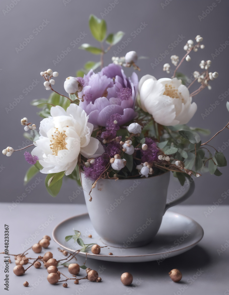 flower arrangement in a cup, soft pink roses, leaves and twigs