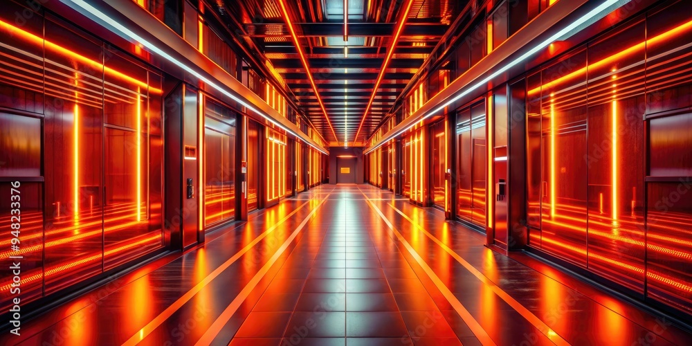 Vibrant red and orange neon lights illuminate a sleek, modern corridor with smooth reflective surfaces, evoking a futuristic ambiance ideal for technological backgrounds. Vibrant red and orange neon lights illuminate a sleek, modern corridor with smooth reflective surfaces, evoking a futuristic ambiance ideal for technological backgrounds.