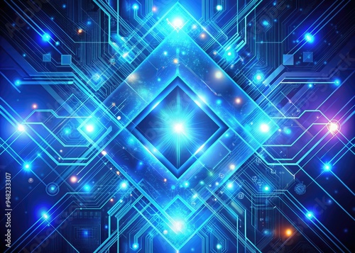 Vibrant blue geometric shape abstract background with futuristic glowing circuits, swirling patterns, and neon lights, evoking cutting-edge technology and artificial intelligence innovation.