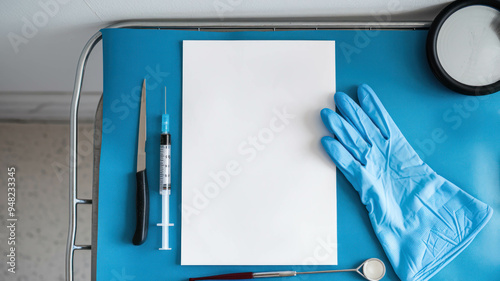 Top View Of A White Blank Piece Of Paper Template Mockup On A Table, Medical Supplies Around, Medical Background Template photo