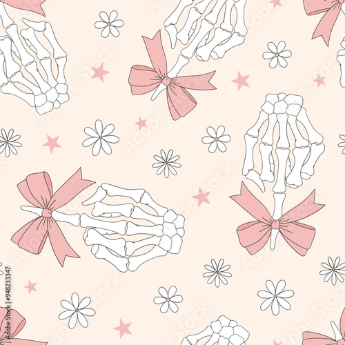 Skeleton hand with bow vector seamless pattern. Coquette Halloween background.