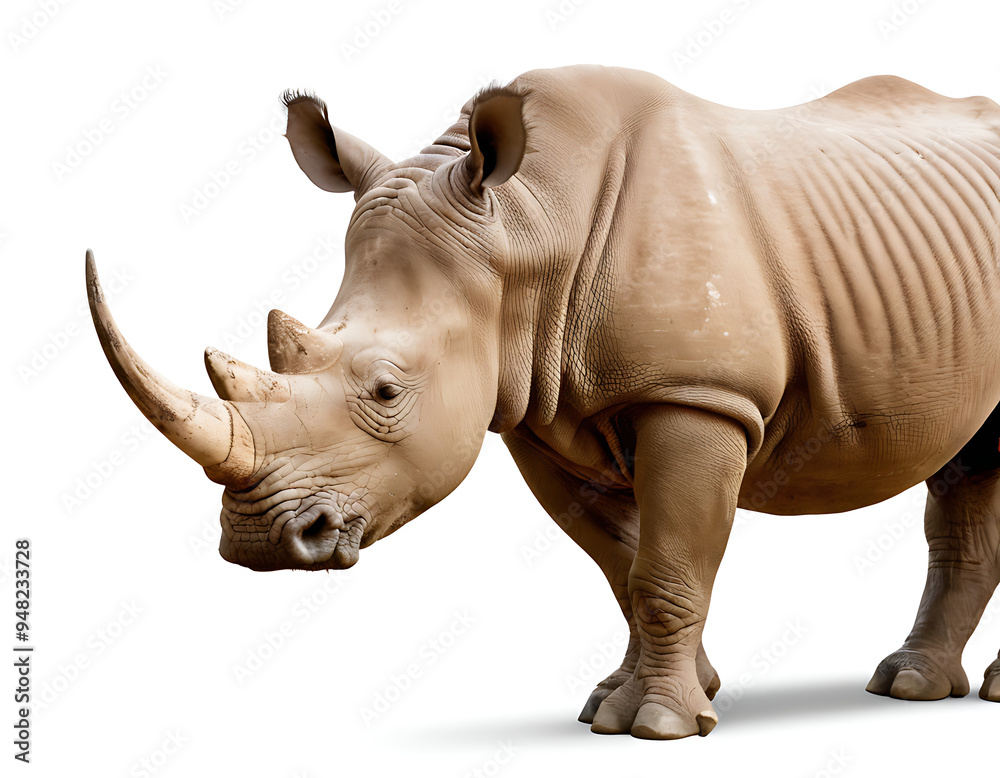 Fototapeta premium A powerful White Rhinoceros stands alert against a white background, its two horns and thick skin clearly visible. Perfect for wildlife documentaries, educational resources, or projects focused on con