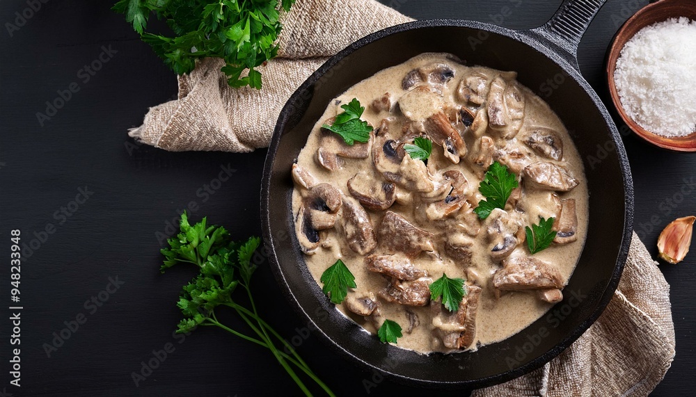 delicious beef stroganoff - veal strips stewed with porcini in sour cream sauce sprinkled with finely chopped parsley on skillet, authentic recipe, view from above
delicious beef stroganoff - veal strips stewed with porcini in sour cream sauce sprinkled with finely chopped parsley on skillet, authentic recipe, view from above