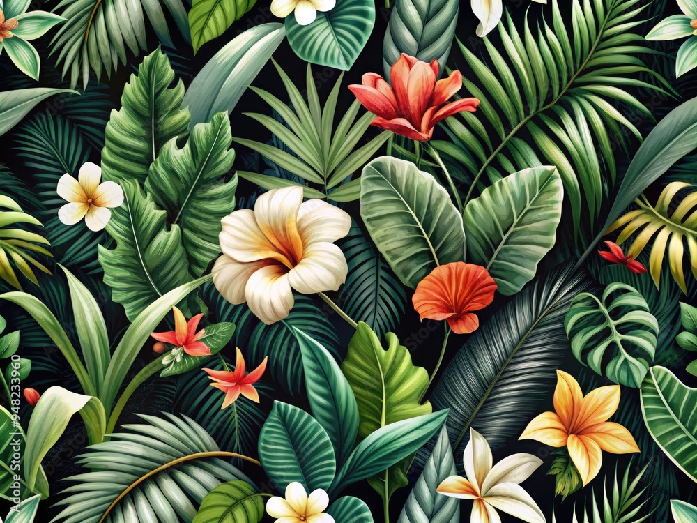 Intricate illustration of tropical foliage in black and white, featuring exotic flowers and lush greenery, forming a seamless repeating pattern for decorative use. Intricate illustration of tropical foliage in black and white, featuring exotic flowers and lush greenery, forming a seamless repeating pattern for decorative use.