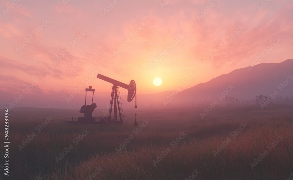 Naklejka premium Energy industry silhouettes of oil pumps in a field during a dramatic sunset.