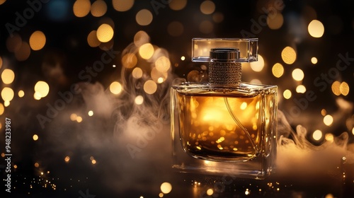 Elegant perfume bottle surrounded by a soft glow of golden lights and wisps of smoke, capturing the essence of luxury