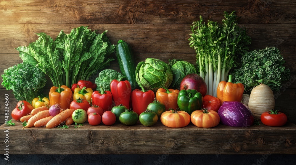 Vibrant Mix of Fresh Organic Vegetables on Wooden Table - 3D Illustration Vibrant Mix of Fresh Organic Vegetables on Wooden Table - 3D Illustration