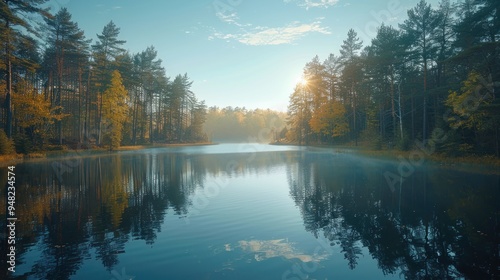 A tranquil morning at a serene lake surrounded by autumn trees reflecting the golden sunrise in the distance. Generative AI