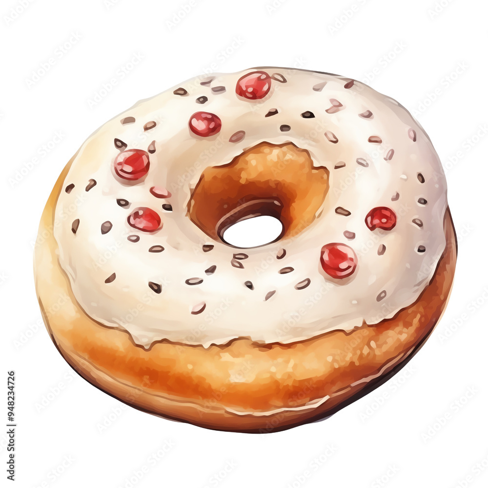 A delicious donut topped with white icing and red sprinkles, perfect for breakfast or a sweet treat. A delicious donut topped with white icing and red sprinkles, perfect for breakfast or a sweet treat.