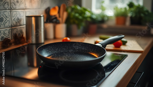 A sleek frying pan sits on a modern stove surrounded by vibrant vegetables and herbs, perfect for culinary inspiration.