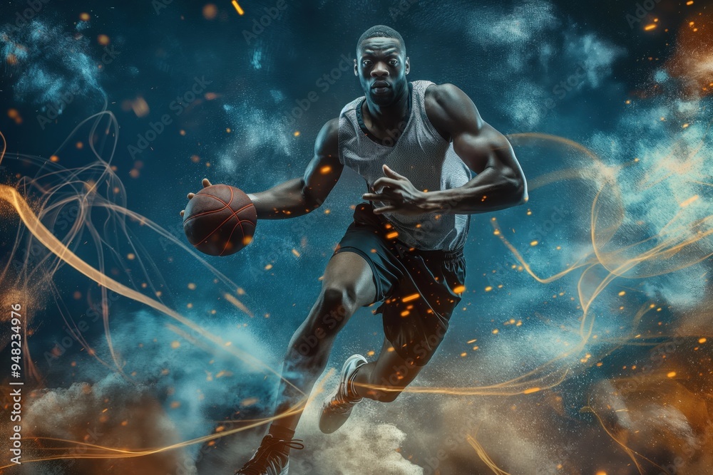 Basketball player wearing a tank top and shorts jumping while holding a basketball, surrounded by blue and orange sparks Basketball player wearing a tank top and shorts jumping while holding a basketball, surrounded by blue and orange sparks