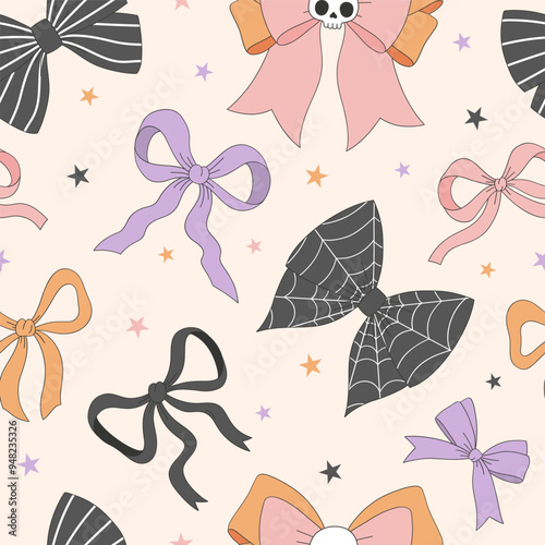 Cute coquettish Halloween bows vector seamless pattern. Coquette Halloween background.