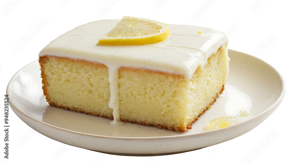 A slice of lemon cake topped with a luscious lemon glaze and a lemon slice garnish. Isolated on a white background, perfect for bakery menus, recipe blogs, or showcasing springtime desserts. A slice of lemon cake topped with a luscious lemon glaze and a lemon slice garnish. Isolated on a white background, perfect for bakery menus, recipe blogs, or showcasing springtime desserts.