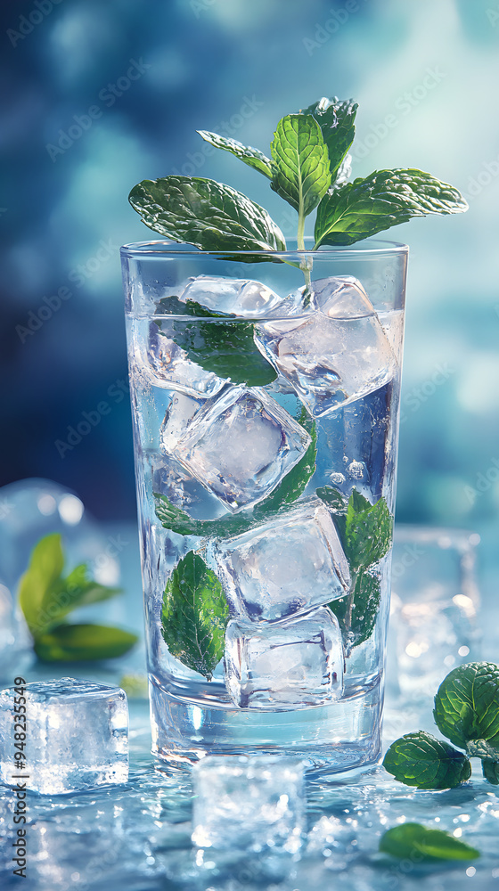 Close-up of ice cubes with fresh mint leaves, creating a refreshing and invigorating visual experience Close-up of ice cubes with fresh mint leaves, creating a refreshing and invigorating visual experience