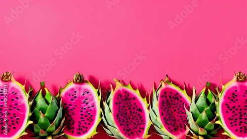 Dragon fruits with green stalks are uniformly drawn in soft, pastel colors against a solid, empty pastel color backdrop. photo