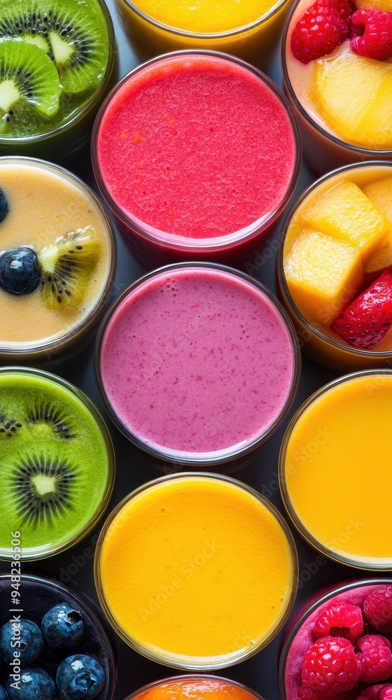 Naklejka premium A colorful assortment of fruit smoothies in individual glasses is displayed on a table for an afternoon gathering with friends
