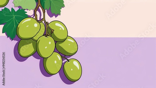 Grapes with green stalks are uniformly drawn in soft, pastel colors against a solid, empty pastel color backdrop. photo